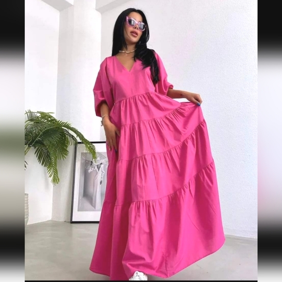 ZARA * Tiered Poplin Pink Dress Voluminous Flowy Maxi - Picture 10 of 13